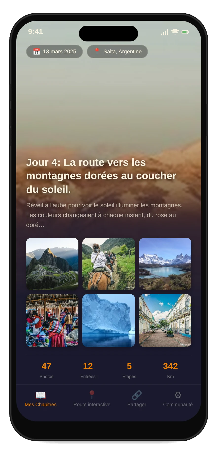 Aperçu du journal photo — entrée de voyage avec photos et texte
