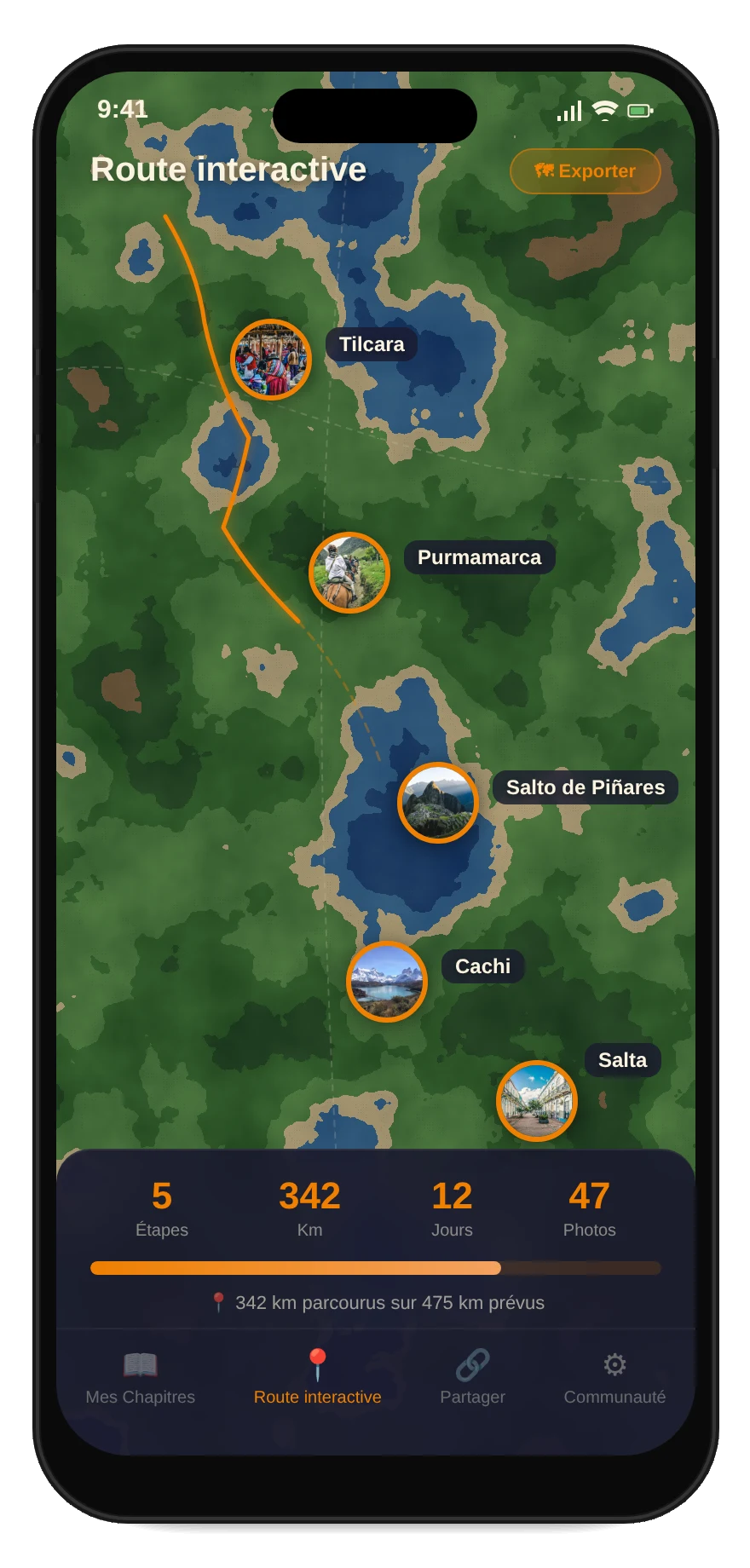 Aperçu de la carte interactive — itinéraire avec étapes