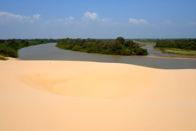 Vue depuis une dune de sable sur une rivière bordée de végétation à Barra Grande, Brésil