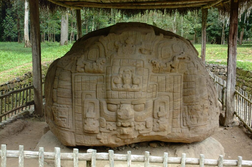 Zoomorphe maya sculpté sous abri de chaume sur le site archéologique de Quirigua, Guatemala