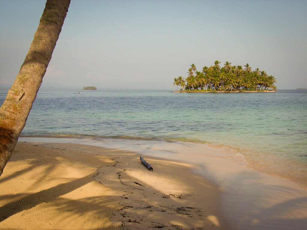 Plage de sable avec palmier au premier plan et petite île couverte de palmiers, archipel de San Blas, Panama