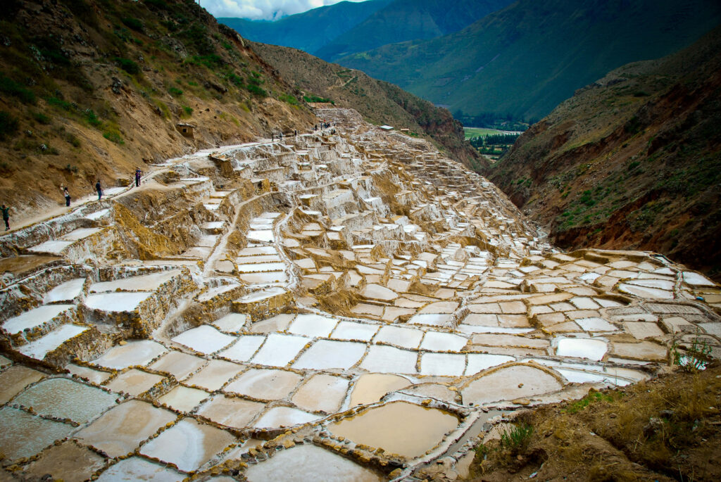 Bassins de sel blancs en terrasses des salines de Maras dans la vallée sacrée, Cusco