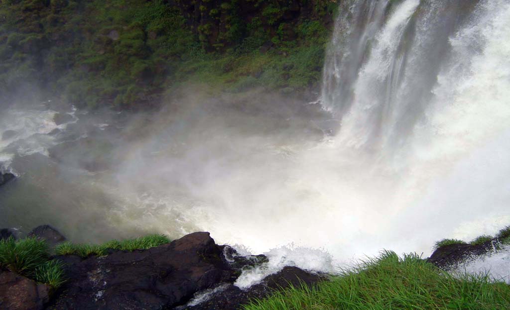 Chute d'eau puissante et brume aux chutes d'Iguazu, végétation et rochers en premier plan