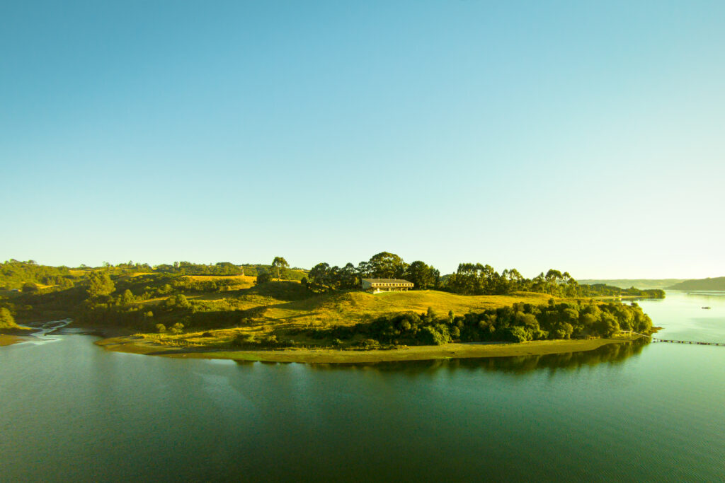 Vue aérienne d'une côte verdoyante avec une maison isolée près de l'eau, Chiloé, Chili