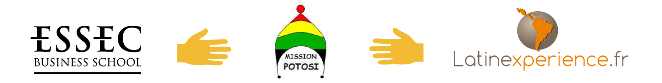 Logos ESSEC Business School, Mission Potosi et Latinexperience.fr reliés par des mains stylisées