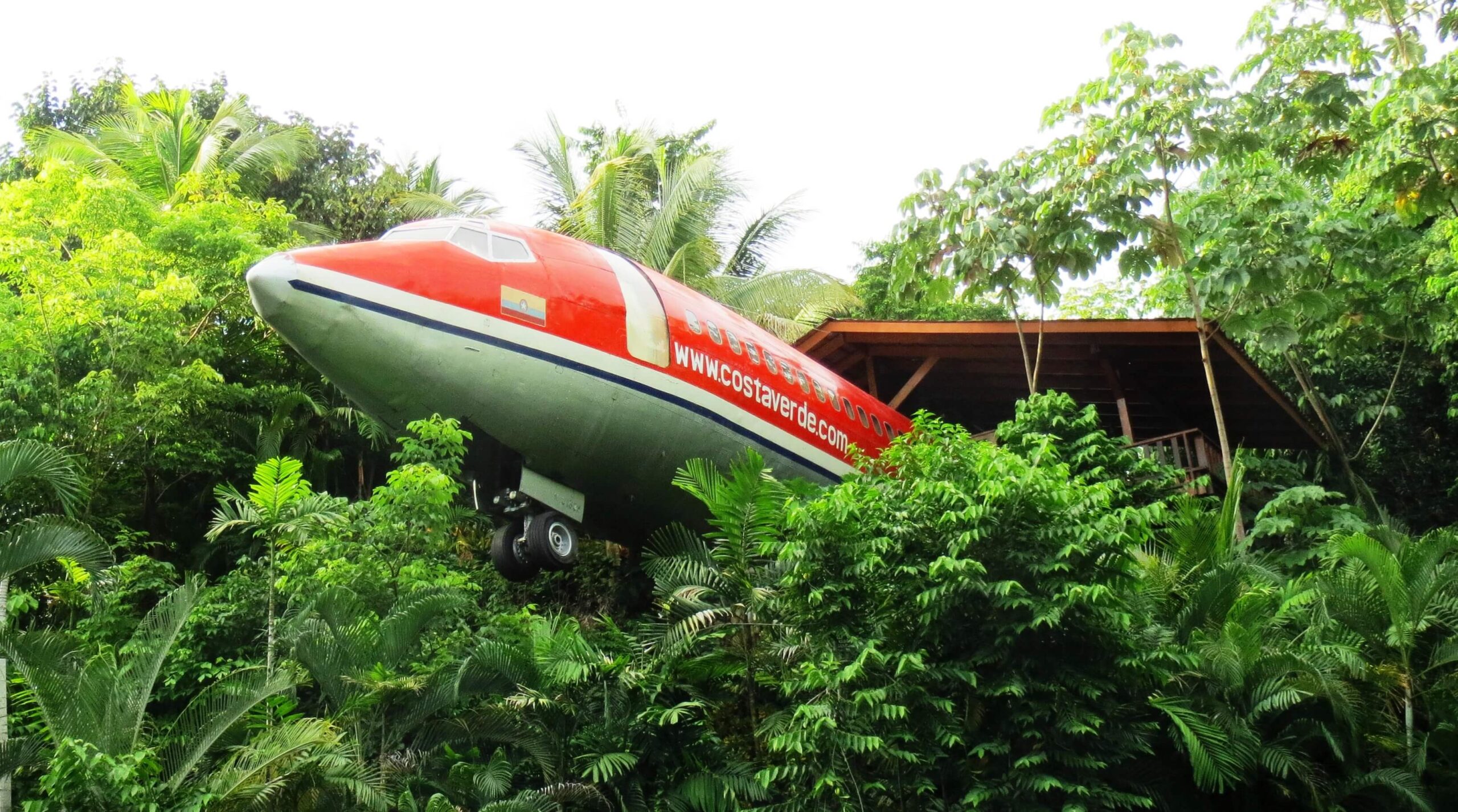 Fuselage rouge d'un Boeing 727 transformé en chambre, posé au milieu de la végétation tropicale