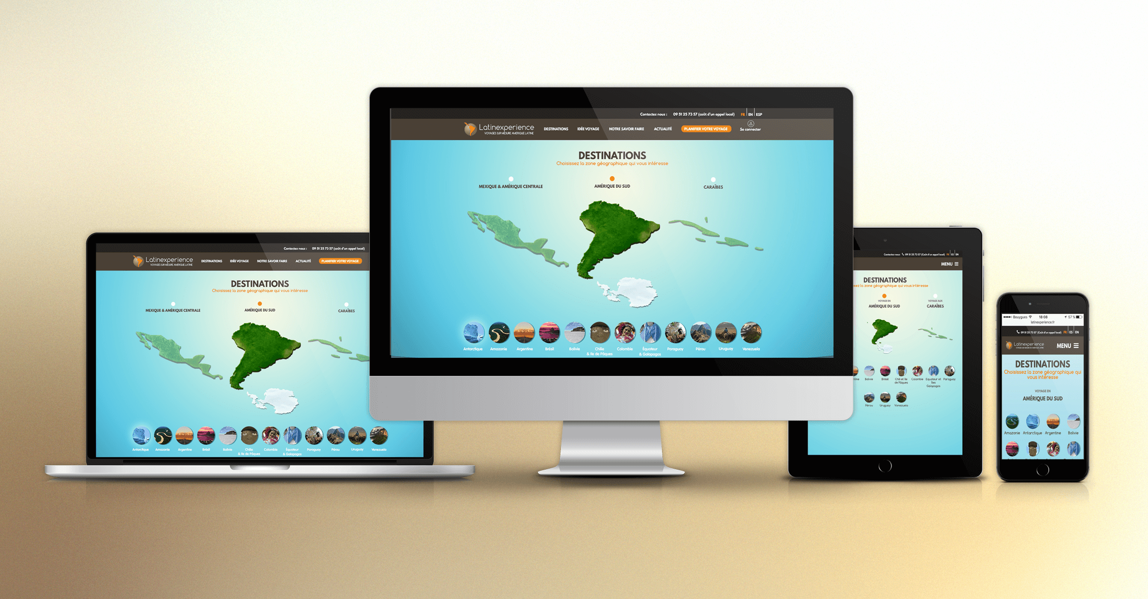 Site web Latinexperience affiché sur écran, tablette et smartphone, page destinations Amérique latine