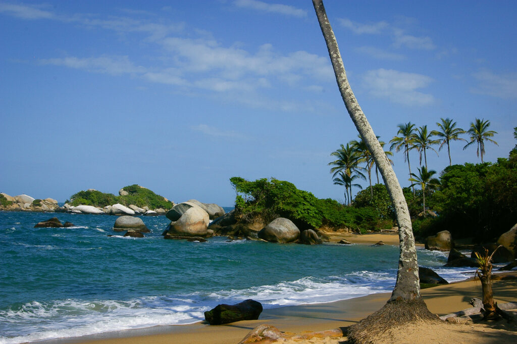 Plage de sable avec rochers granitiques, palmiers penchés et mer des Caraïbes en Colombie