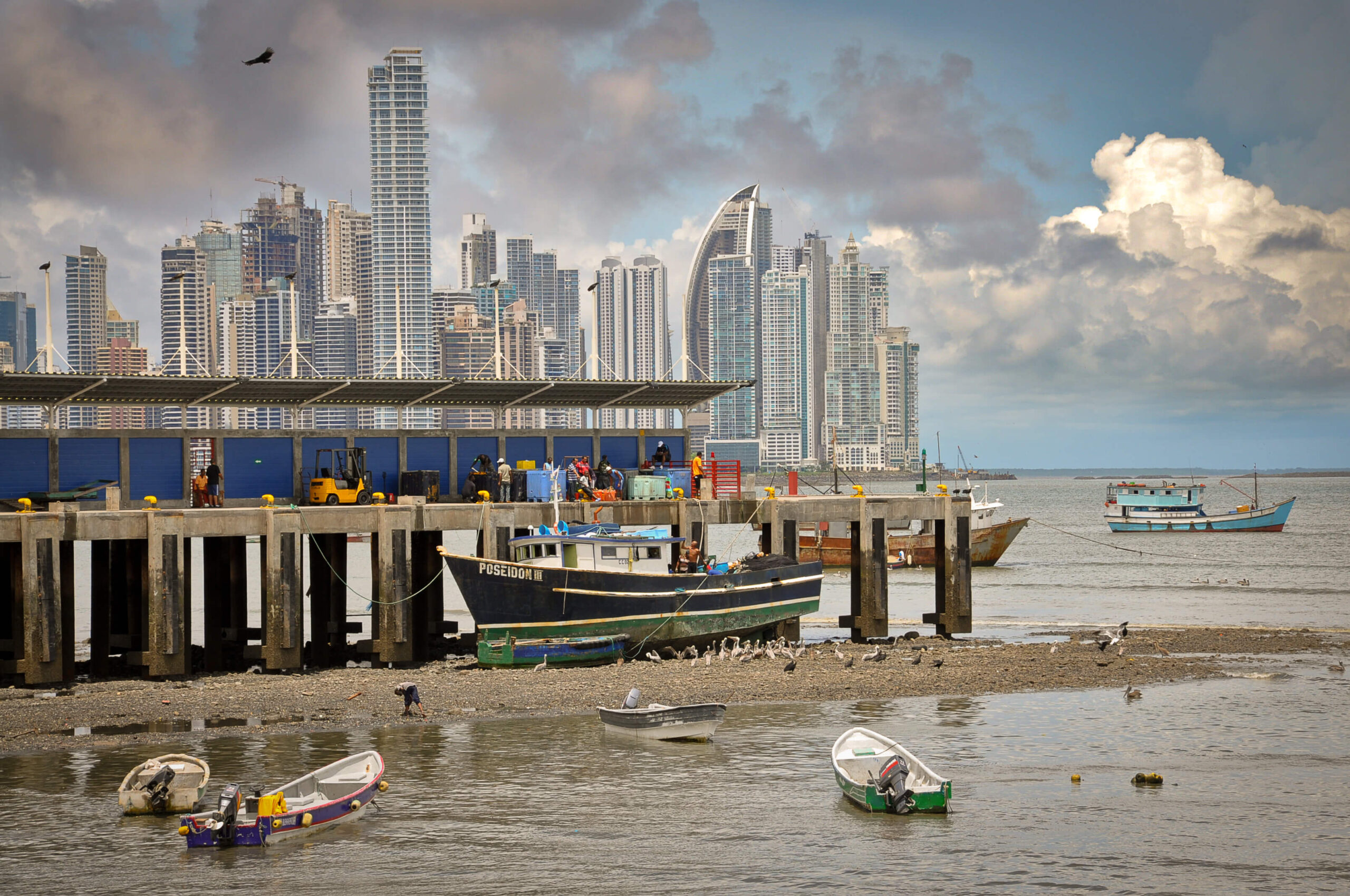 Bateaux de pêcheurs amarrés près d'un quai, gratte-ciels de Panama City en arrière-plan