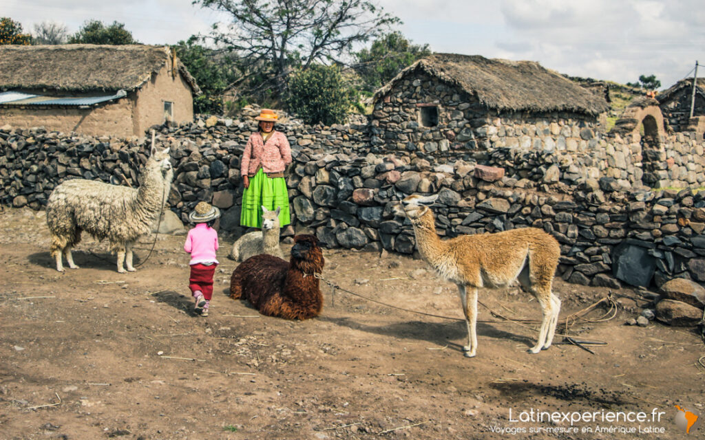 Femme et enfant péruviens avec des lamas dans un village en pierre traditionnel