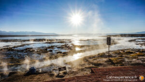 Geysers fumants au lever du soleil dans l'Altiplano bolivien