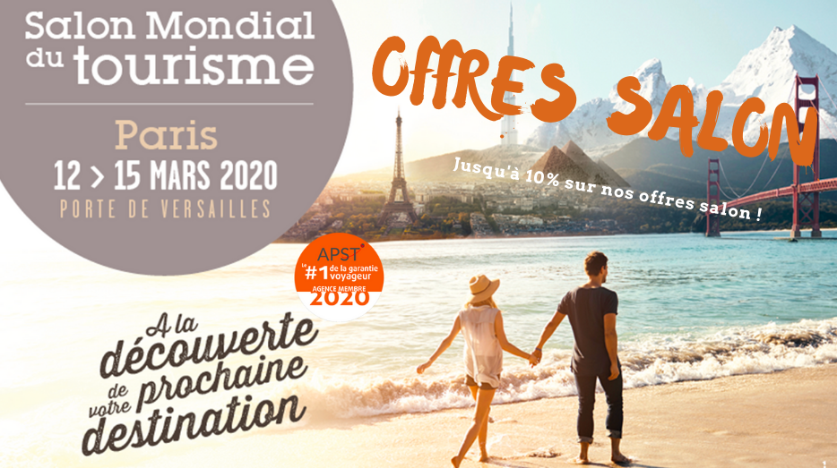 Visuel promotionnel du Salon Mondial du Tourisme Paris 2020 avec couple marchant sur une plage