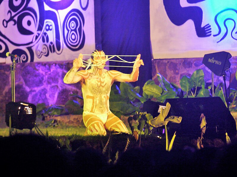 Danseur peint et costumé lors d'un spectacle culturel nocturne en plein air avec bannières décoratives