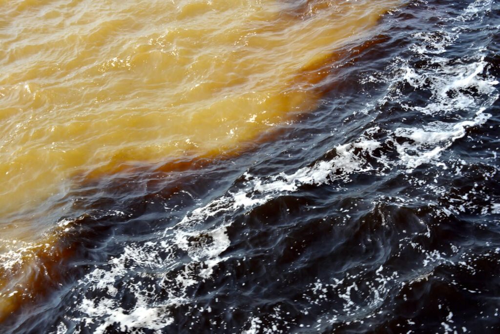 Confluence des eaux sombres du Rio Negro et du fleuve Amazone près de Manaus