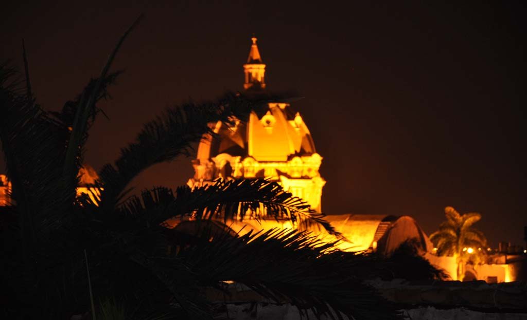 Dôme illuminé d'un monument historique la nuit, derrière des palmiers, à Carthagène en Colombie