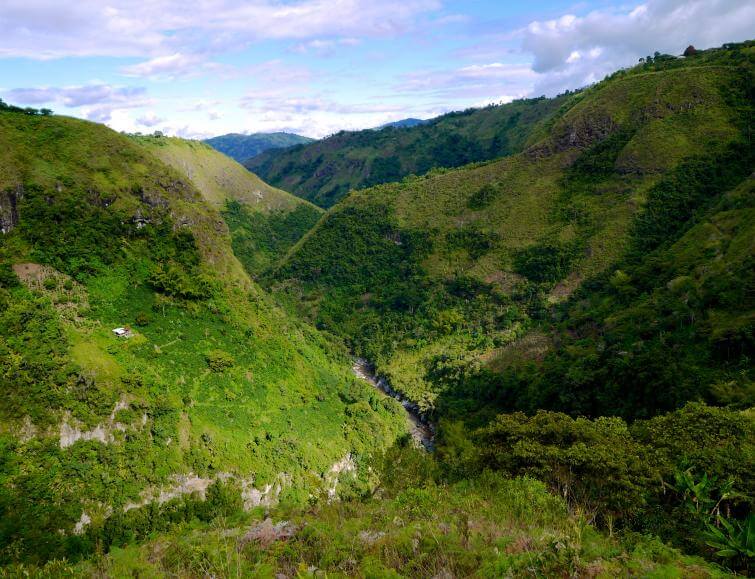 Vallée verdoyante encaissée avec rivière au fond, montagnes colombiennes couvertes de végétation dense