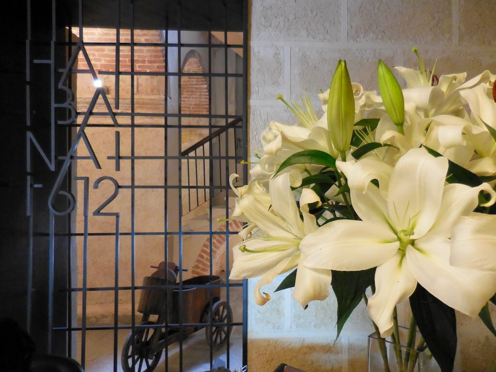 Bouquet de lys blancs près d'une grille métallique gravée à La Havane