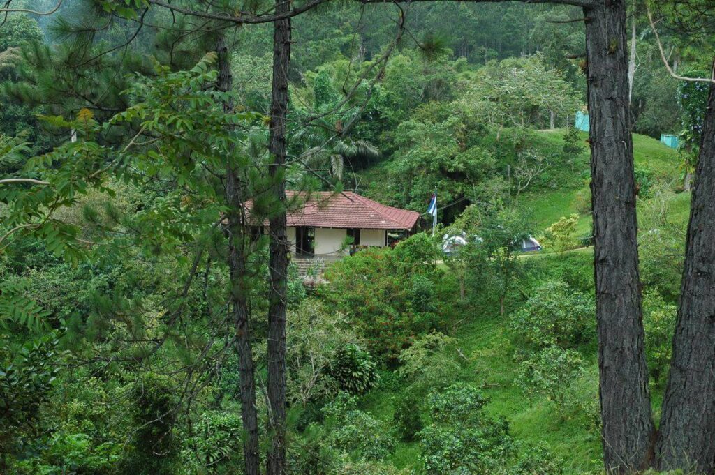 Maison à toit rouge avec drapeau cubain nichée dans une forêt verdoyante, région de Trinidad, Cuba