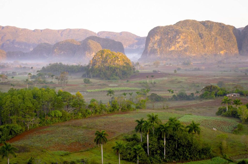 Vue panoramique de la vallée de Viñales avec mogotes karstiques et champs brumeux, Cuba