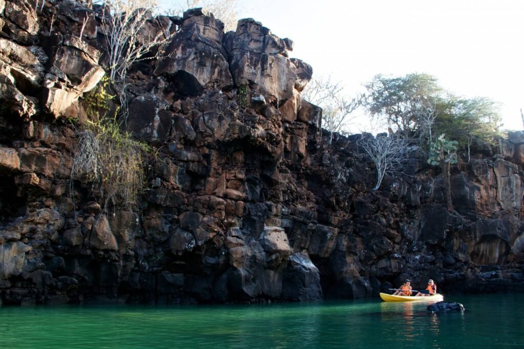 Kayak jaune longeant une falaise volcanique aux Galápagos, eau turquoise et végétation