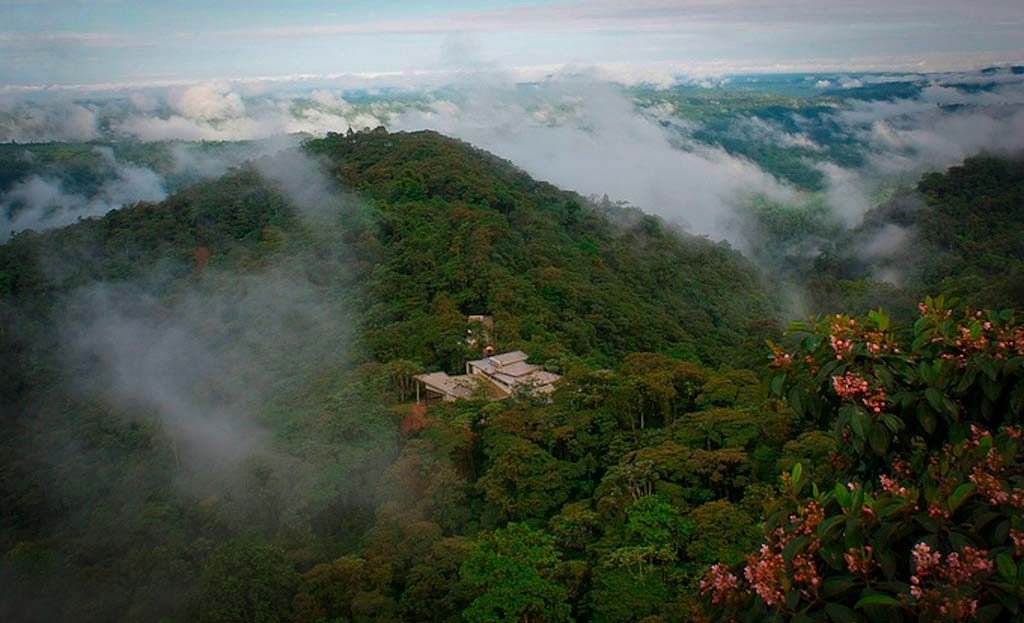 Vue aérienne de la forêt nuageuse de Mindo avec brume et lodge en Équateur