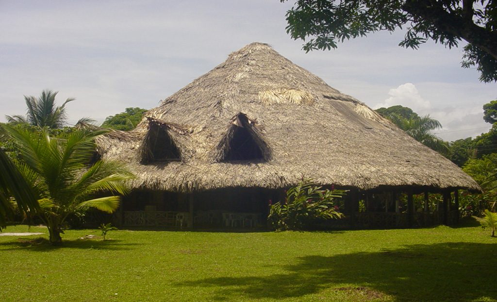 Grande maison au toit de palmes tressées entourée de palmiers, hameau de Quehueché, Guatemala