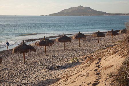 Plage de Cabo Pulmo avec parasols en palapa, montagne en arrière-plan, Mexique
