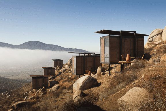 Cabanes en bois sur colline rocheuse surplombant une vallée brumeuse près d'Ensenada, Mexique