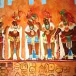 Fresque maya colorée de Bonampak, Chiapas, Mexique, représentant des personnages parés et glyphes