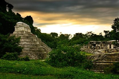Ruines mayas de Palenque entourées de végétation tropicale dense au Chiapas