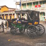 Calèche traditionnelle attelée à un cheval blanc devant des bâtiments coloniaux, Grenade, Nicaragua