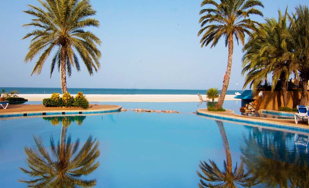 Piscine à débordement bordée de palmiers avec vue sur la plage et l'océan
