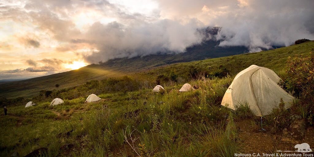 Tentes de camping dispersées sur une prairie herbeuse au coucher du soleil, montagne enveloppée de nuages, Venezuela