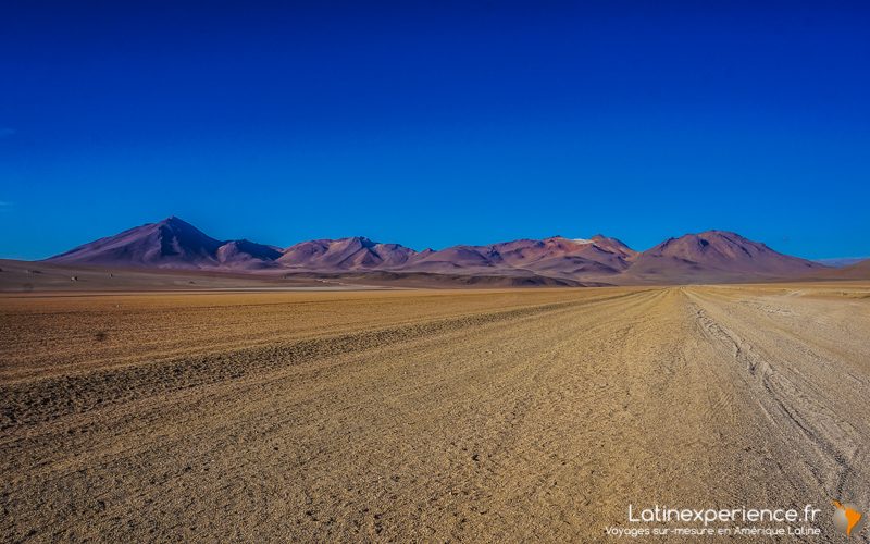 Piste désertique et chaîne de volcans andins sous ciel bleu en Bolivie