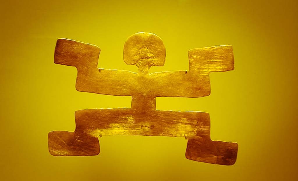 Figurine anthropomorphe en or précolombienne, pièce unique exposée au musée de l'Or à Bogotá