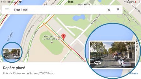 Capture d'écran Google Maps montrant la Tour Eiffel avec vue Street View intégrée