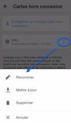 Capture d'écran du menu Google Maps montrant les options cartes hors connexion