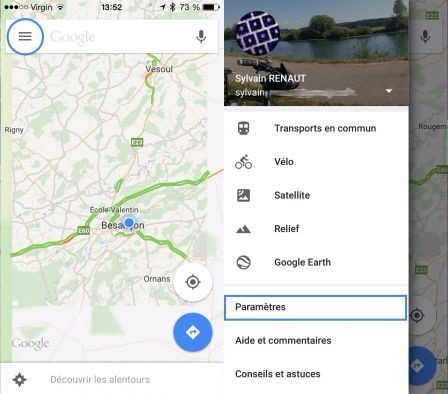 Capture d'écran de l'application Google Maps sur smartphone avec menu et carte routière