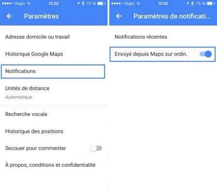 Captures d'écran des paramètres et notifications de l'application Google Maps sur smartphone