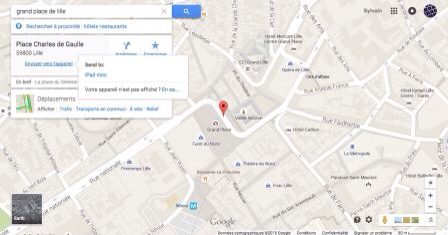 Capture d'écran Google Maps affichant la recherche et localisation de la Grand Place de Lille