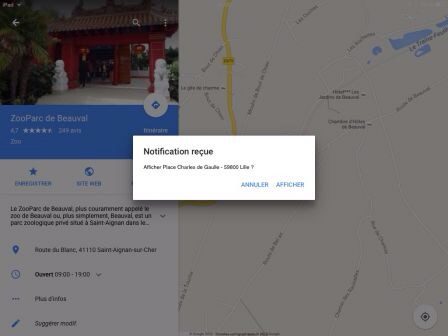 Capture d'écran Google Maps affichant une fiche lieu et une notification de localisation