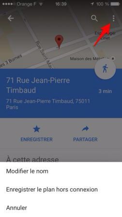 Capture d'écran de l'application Google Maps sur smartphone affichant une adresse à Paris