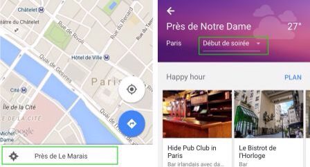 Captures d'écran de l'application Google Maps affichant un plan de Paris et suggestions