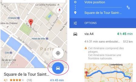 Capture d'écran Google Maps montrant un itinéraire routier de Paris au Luxembourg